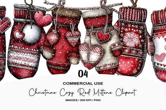 Christmas Cozy Red Mittens Clipart PNG Bundle | Cute Watercolor Holiday Mittens | Festive Winter Mittens PNG
