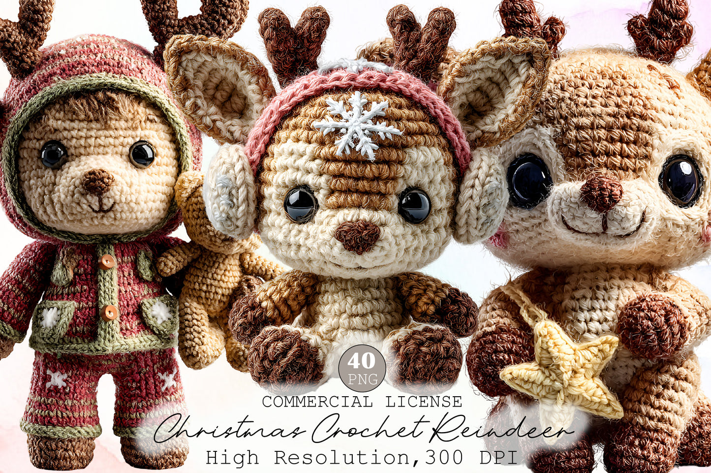 Christmas Crochet Reindeer Clipart PNG Bundle