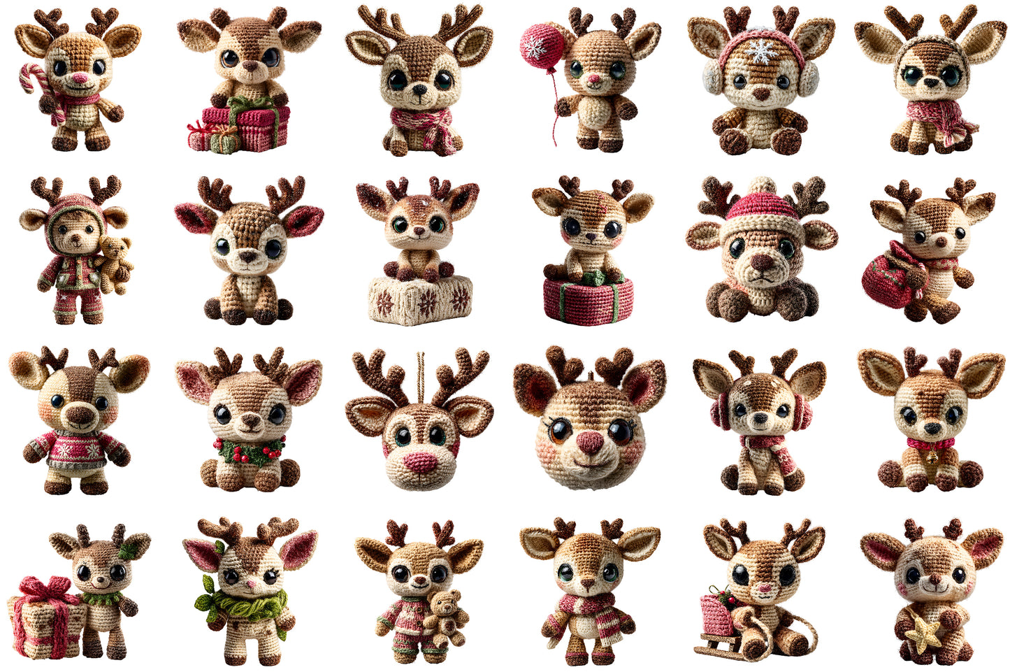 Christmas Crochet Reindeer Clipart PNG Bundle