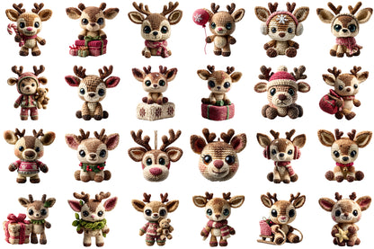 Christmas Crochet Reindeer Clipart PNG Bundle