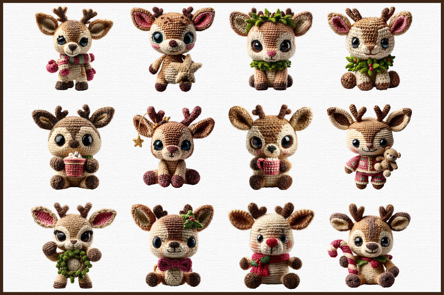 Christmas Crochet Reindeer Clipart PNG Bundle