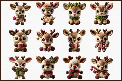 Christmas Crochet Reindeer Clipart PNG Bundle