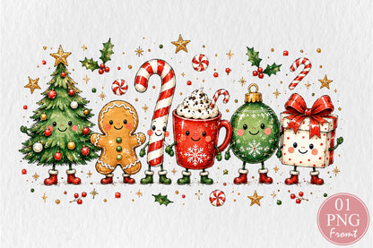 Cute Christmas Doodle Characters PNG Tree Gingerbread Candy Cane Cocoa Ornament Gift Sublimation