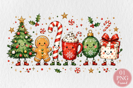 Cute Christmas Doodle Characters PNG Tree Gingerbread Candy Cane Cocoa Ornament Gift Sublimation