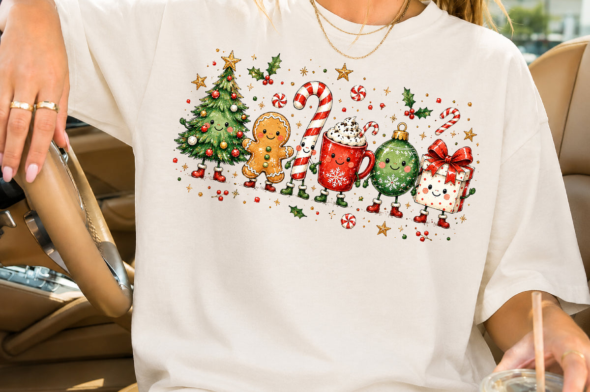 Cute Christmas Doodle Characters PNG Tree Gingerbread Candy Cane Cocoa Ornament Gift Sublimation