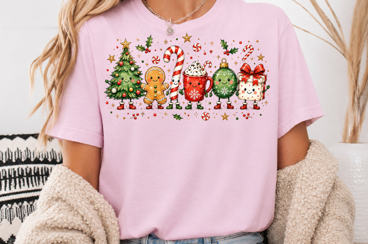 Cute Christmas Doodle Characters PNG Tree Gingerbread Candy Cane Cocoa Ornament Gift Sublimation