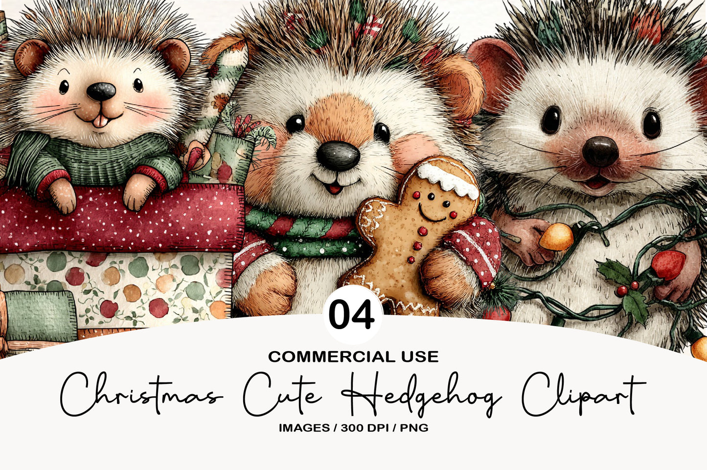 Christmas Cute Hedgehog Clipart PNG Bundle | Adorable Watercolor Holiday Hedgehog Clipart | Festive Winter Hedgehog PNG