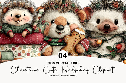Christmas Cute Hedgehog Clipart PNG Bundle | Adorable Watercolor Holiday Hedgehog Clipart | Festive Winter Hedgehog PNG