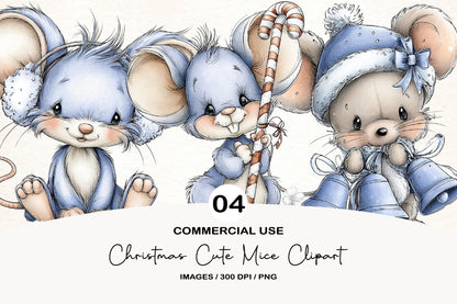 Christmas Cute Mice Clipart Bundle | Adorable Watercolor Holiday Mice PNG | Festive Christmas Mouse Clipart