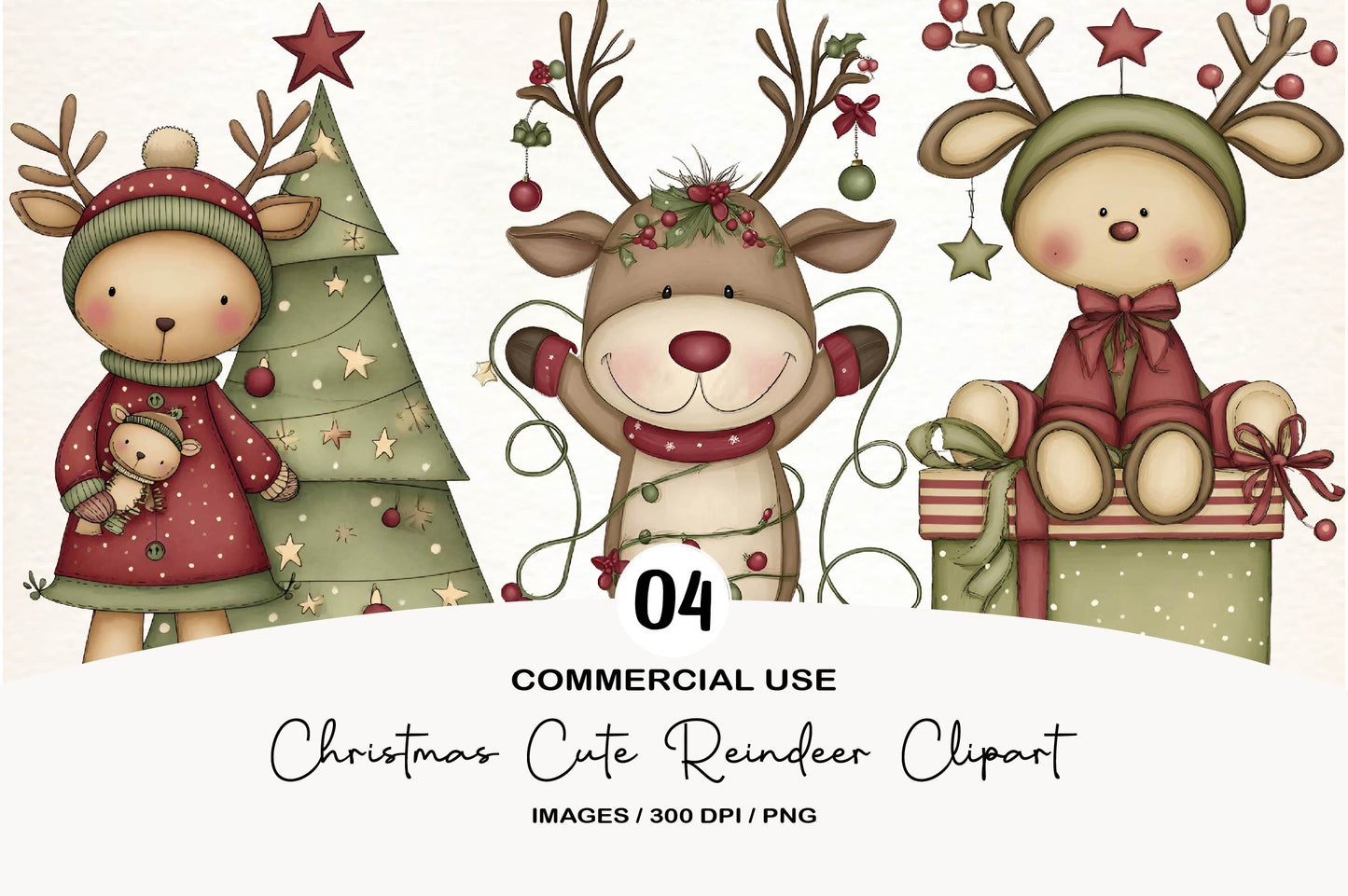 Christmas Cute Reindeer Clipart PNG Bundle | Adorable Watercolor Holiday Reindeer Clipart