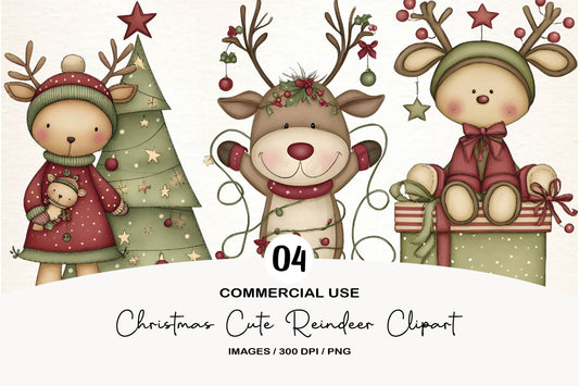 Christmas Cute Reindeer Clipart PNG Bundle | Adorable Watercolor Holiday Reindeer Clipart