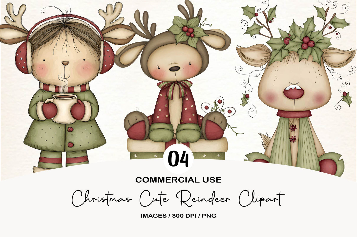 Christmas Cute Reindeer Clipart PNG Bundle | Adorable Watercolor Christmas Reindeer PNG