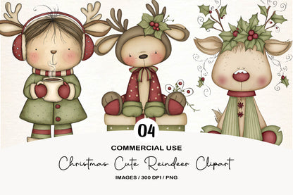 Christmas Cute Reindeer Clipart PNG Bundle | Adorable Watercolor Christmas Reindeer PNG