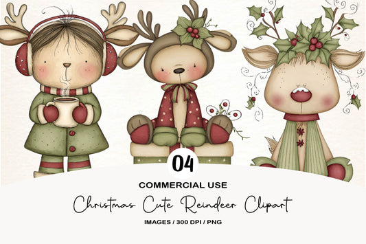 Christmas Cute Reindeer Clipart PNG Bundle | Adorable Watercolor Christmas Reindeer PNG