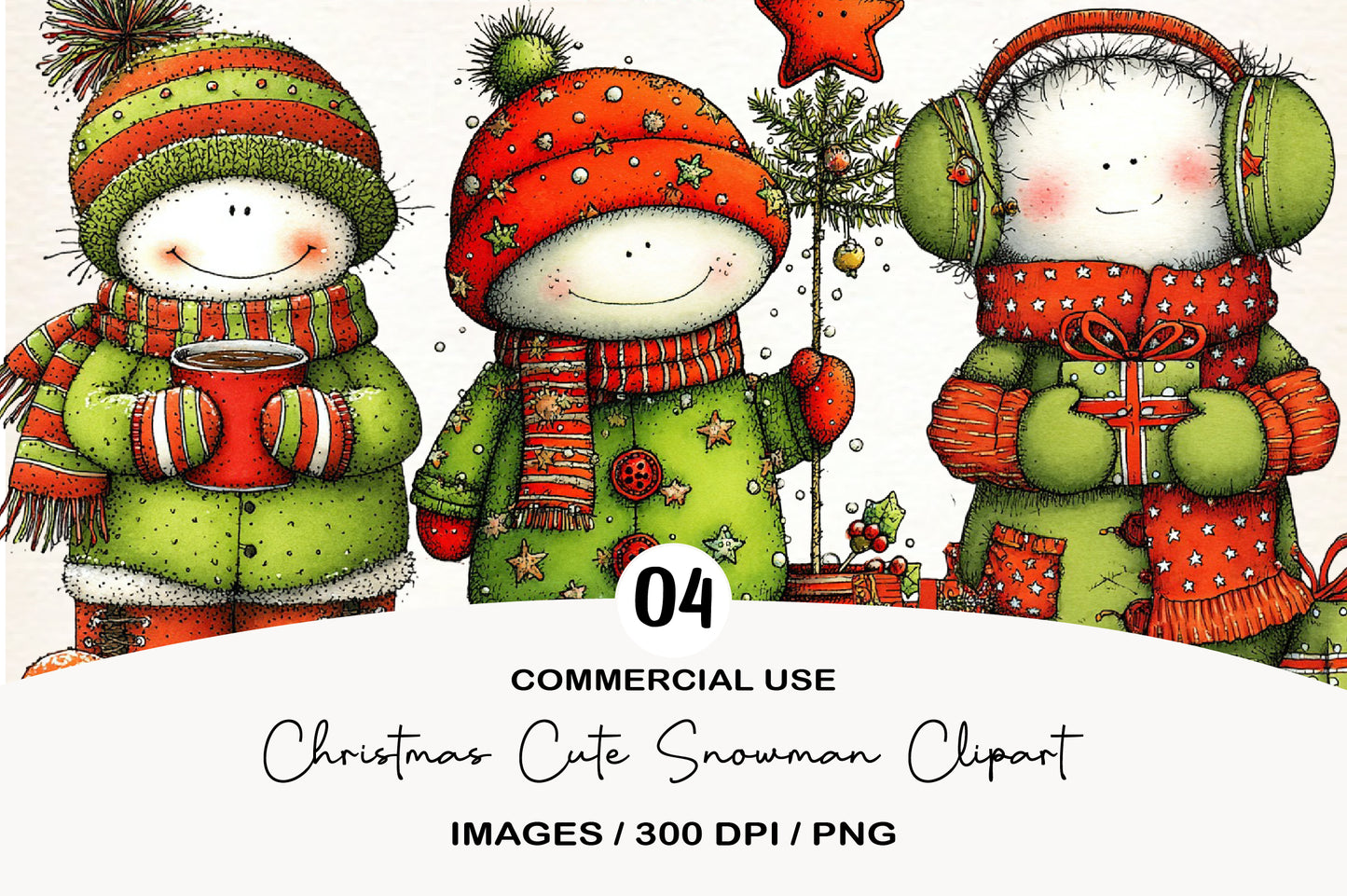 Christmas Cute Snowman Clipart PNG Bundle | Adorable Watercolor Holiday Snowman Clipart