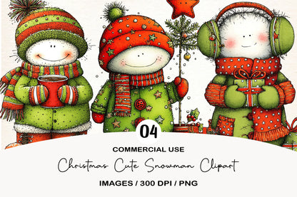 Christmas Cute Snowman Clipart PNG Bundle | Adorable Watercolor Holiday Snowman Clipart