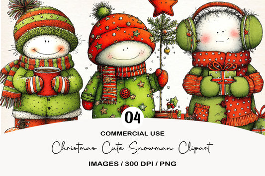 Christmas Cute Snowman Clipart PNG Bundle | Adorable Watercolor Holiday Snowman Clipart