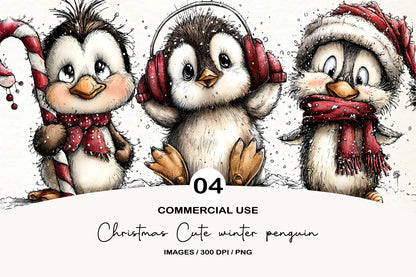 Christmas Cute Winter Penguin Clipart PNG Bundle | Adorable Watercolor Holiday Penguin Clipart | Festive Penguin PNG