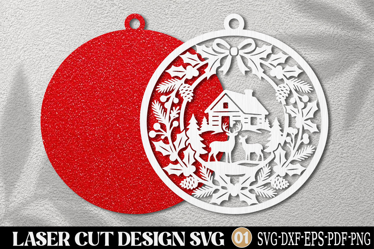 Christmas Deer Cabin Forest Laser Cut SVG | Reindeer Winter Ornament Design