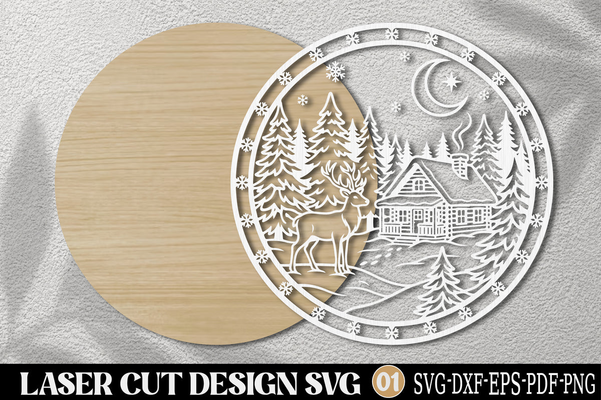 Christmas Deer Cabin Landscape Laser Cut SVG | Winter Forest Ornament Design
