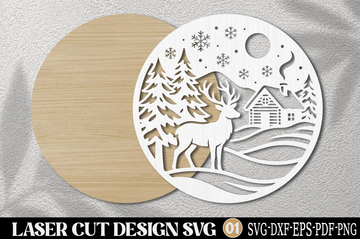 Christmas Deer Cabin Scene Laser Cut SVG | Winter Woodland Ornament