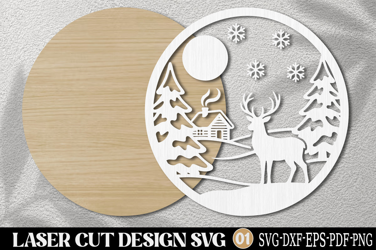 Christmas Deer Landscape Laser Cut SVG | Winter Deer Forest Ornament Design