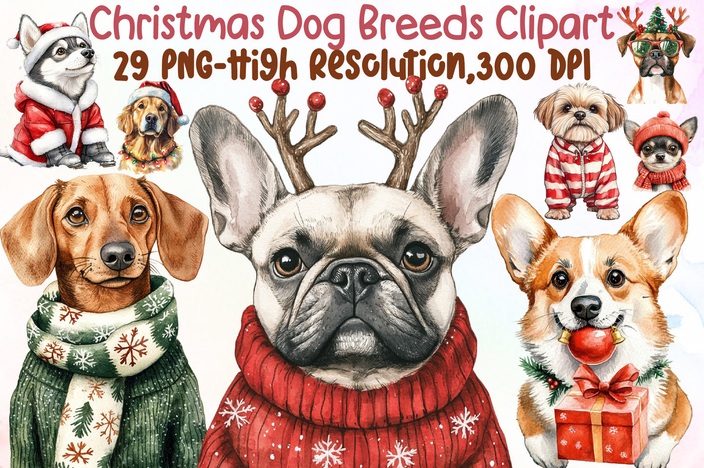 Christmas Dog Breeds Clipart PNG Bundle