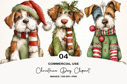 Christmas Dog Clipart PNG Bundle | Cute Watercolor Holiday Dogs Clipart | Festive Christmas Puppy PNG