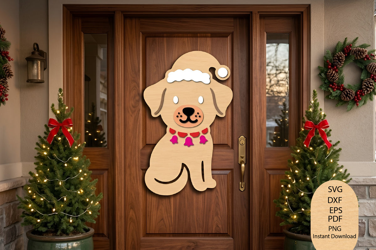 Christmas Dog Door Hanger Laser Cut SVG, Dog Christmas Door Sign Cut File, Holiday Pet Door Hanger SVG