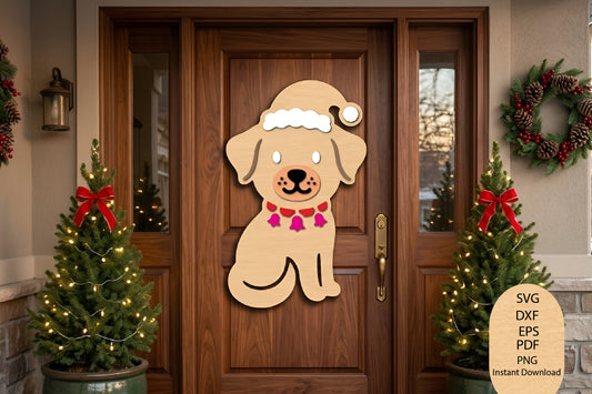 Christmas Dog Door Hanger Laser Cut SVG, Dog Christmas Door Sign Cut File, Holiday Pet Door Hanger SVG