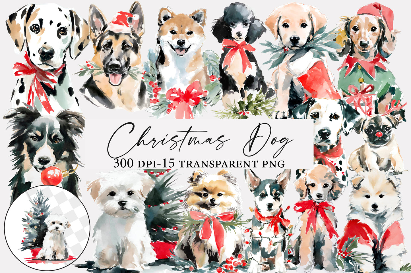 Christmas Dog PNG Watercolor Holiday Puppy Clipart Sublimation