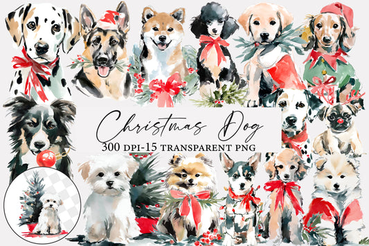 Christmas Dog PNG Watercolor Holiday Puppy Clipart Sublimation