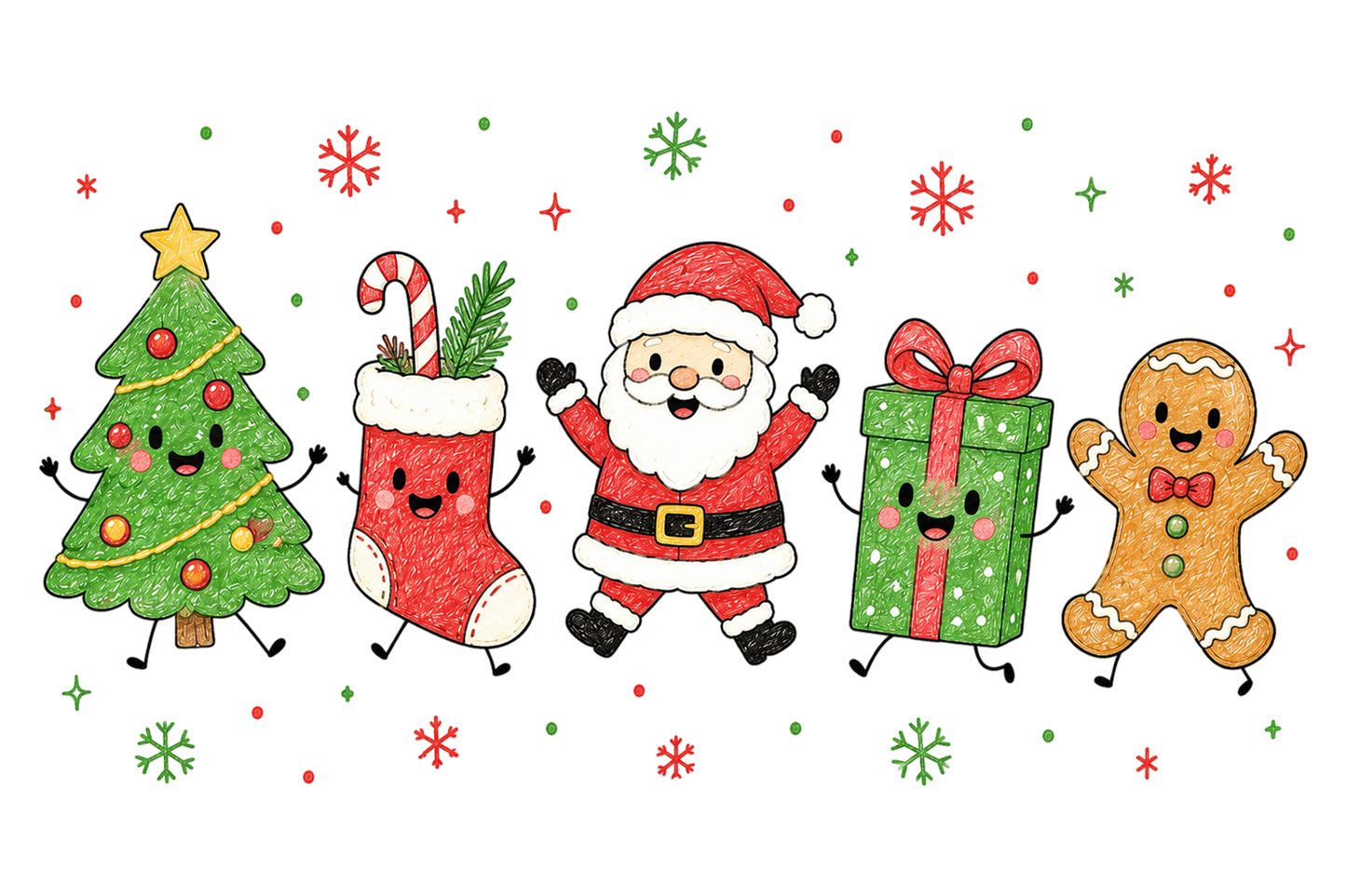 Christmas Doodle Characters PNG, Cute Santa Tree Gift Gingerbread Sublimation Design