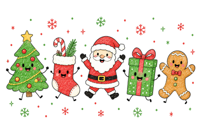 Christmas Doodle Characters PNG, Cute Santa Tree Gift Gingerbread Sublimation Design