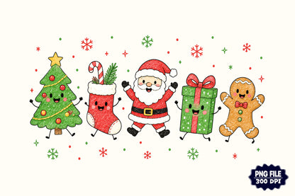Christmas Doodle Characters PNG, Cute Santa Tree Gift Gingerbread Sublimation Design