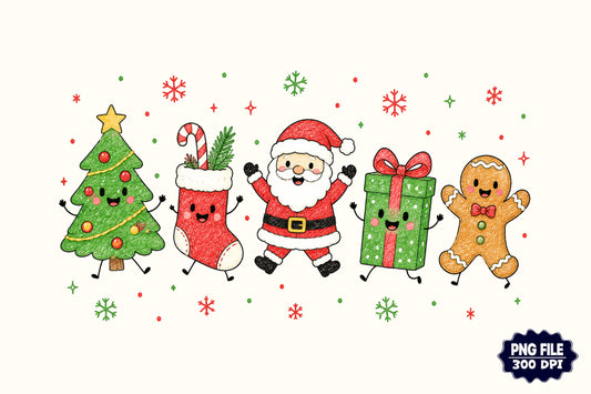 Christmas Doodle Characters PNG, Cute Santa Tree Gift Gingerbread Sublimation Design