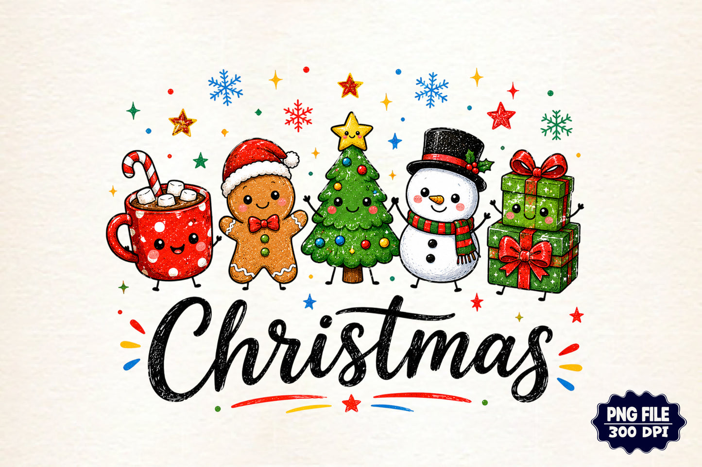 Christmas Doodle Characters Gingerbread Snowman Christmas Tree PNG