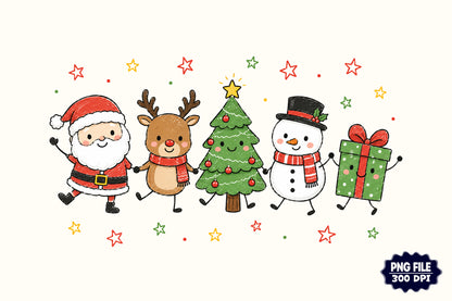 Cute Christmas Doodle Characters PNG, Santa Reindeer Tree Snowman Gift Sublimation