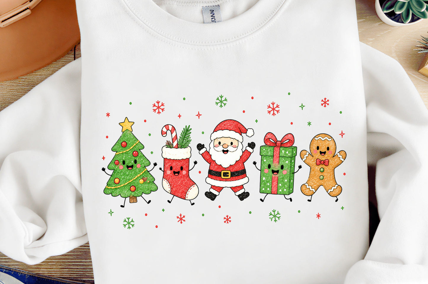 Christmas Doodle Characters PNG, Cute Santa Tree Gift Gingerbread Sublimation Design