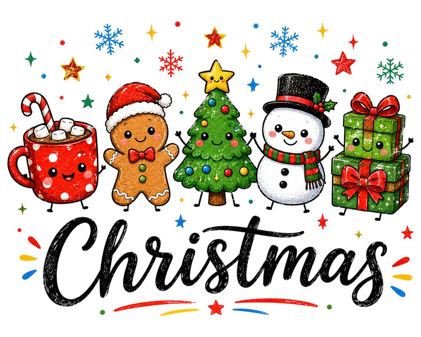 Christmas Doodle Characters Gingerbread Snowman Christmas Tree PNG