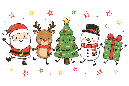 Cute Christmas Doodle Characters PNG, Santa Reindeer Tree Snowman Gift Sublimation