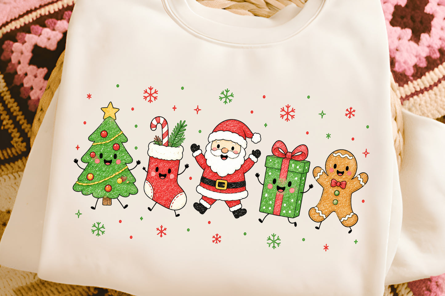 Christmas Doodle Characters PNG, Cute Santa Tree Gift Gingerbread Sublimation Design