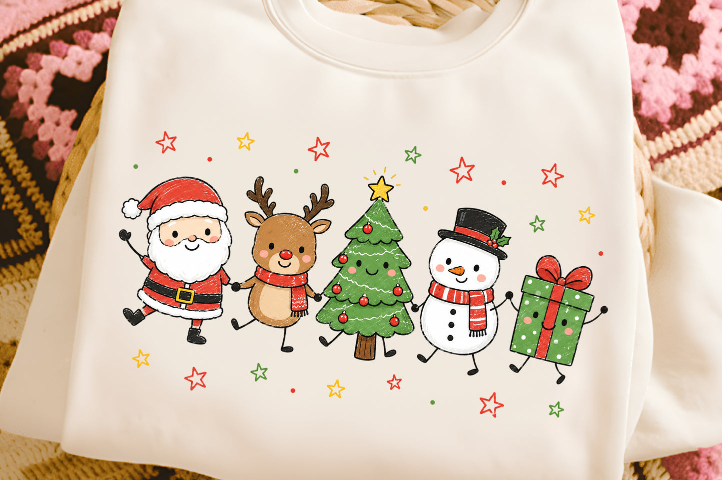 Cute Christmas Doodle Characters PNG, Santa Reindeer Tree Snowman Gift Sublimation