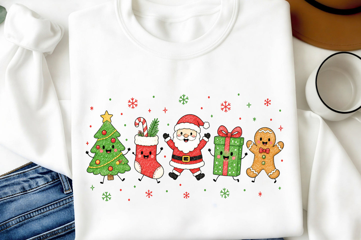 Christmas Doodle Characters PNG, Cute Santa Tree Gift Gingerbread Sublimation Design