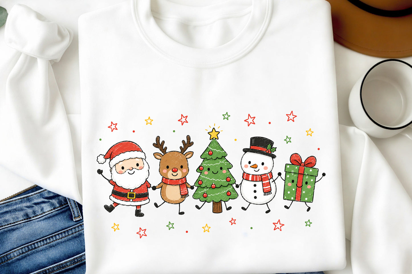Cute Christmas Doodle Characters PNG, Santa Reindeer Tree Snowman Gift Sublimation