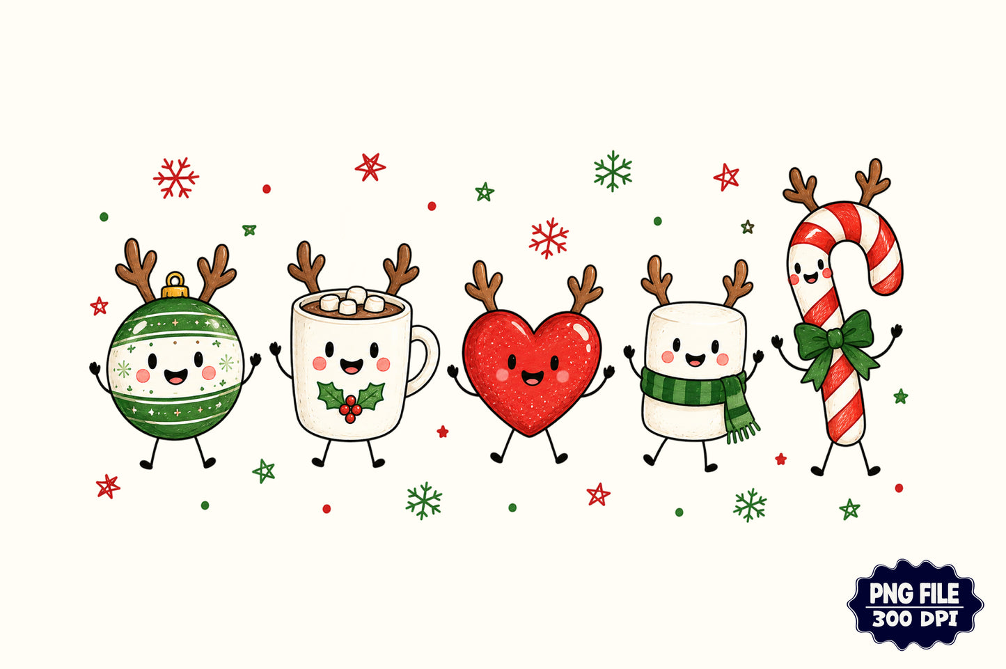 Cute Christmas Doodle PNG, Hot Cocoa Candy Cane Ornament Holiday Sublimation Design