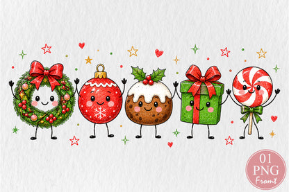 Cute Christmas Doodle Characters PNG Wreath Ornament Pudding Gift Lollipop Sublimation