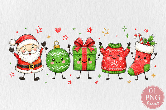 Cute Christmas Doodle Characters PNG Santa Ornament Gift Sweater Stocking Sublimation