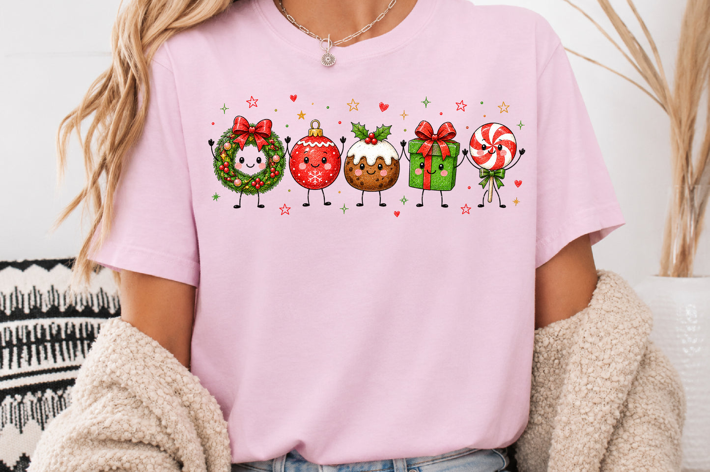 Cute Christmas Doodle Characters PNG Wreath Ornament Pudding Gift Lollipop Sublimation