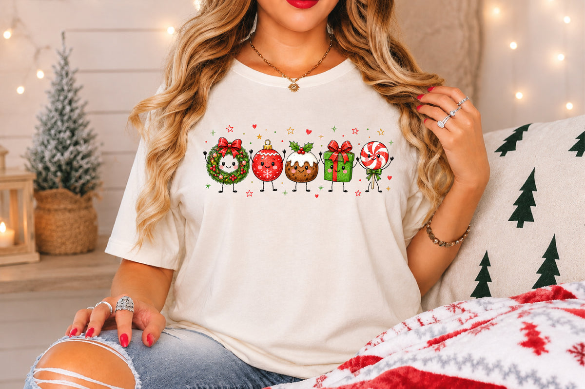 Cute Christmas Doodle Characters PNG Wreath Ornament Pudding Gift Lollipop Sublimation